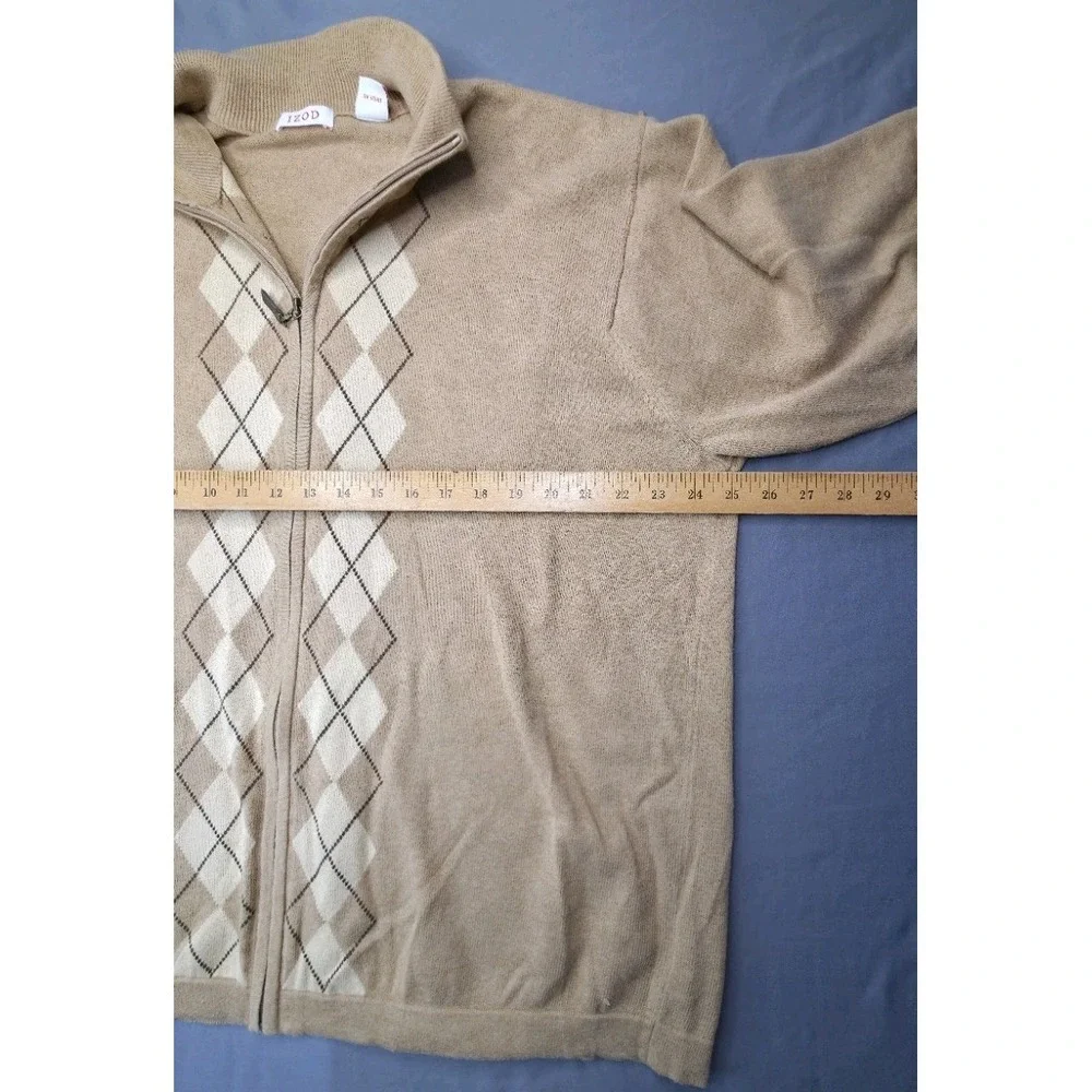 IZOD Men's Full-Zip Argyle Sweater – Size XL – Tan/Beige – 100% Cotton